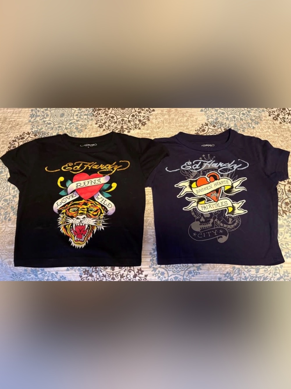 BNWoT Set 2 Ed Hardy Black & Navy Tees Love Tiger and Heart Prints Never worn